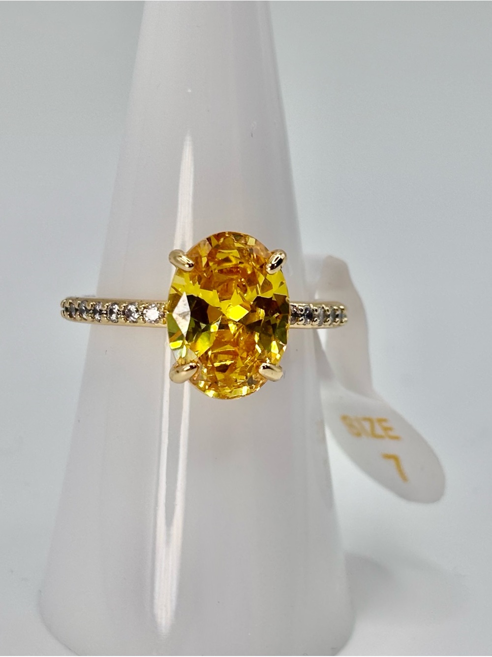 Yellow Oval Solitaire Ring with Pavé Band - Size 7